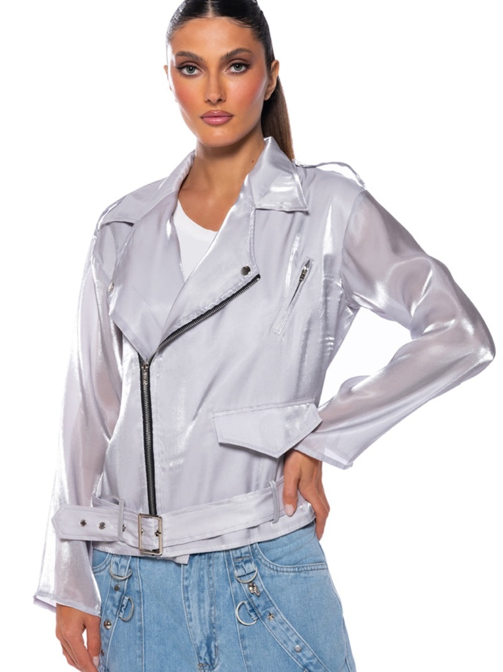 AKIRA Sheer Silver Moto Jacket - Women's Lightweight Biker Coat